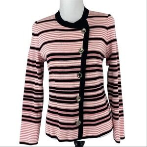 Misook Womens XS Pink Black Striped Asymmetrical Button Knit Cardigan Jacket NEW